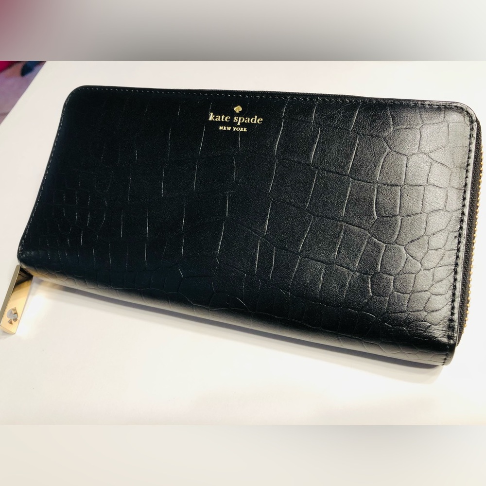 Kate Spade Leather Zipper Wallet, Black, 8” X 4-1/4”